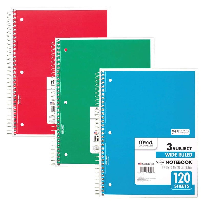 Mead Spiral Notebooks, 3 Subject, Wide Ruled Paper, 120 Sheets, 10-1/2" x 7-1/2", Red, Green, Blue, 3 Pack (73179) - Image 1